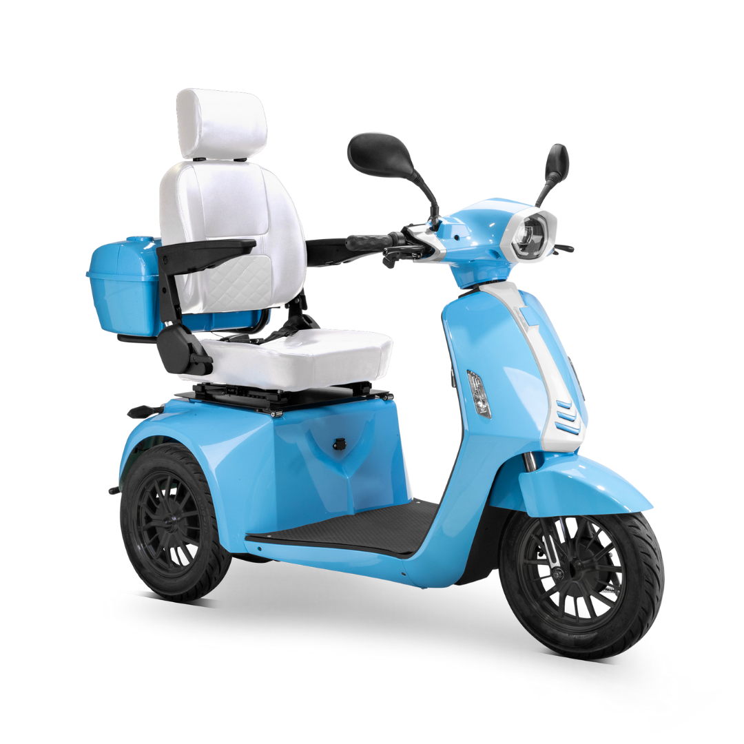 The Bespoke Elite Recreational 3-Wheel Scooter with Electric Brake Assist features a blue frame, high-backed white seat, armrests, rear-view mirrors, digital speedometer, and rear storage box—perfect for tall riders seeking comfort and style.