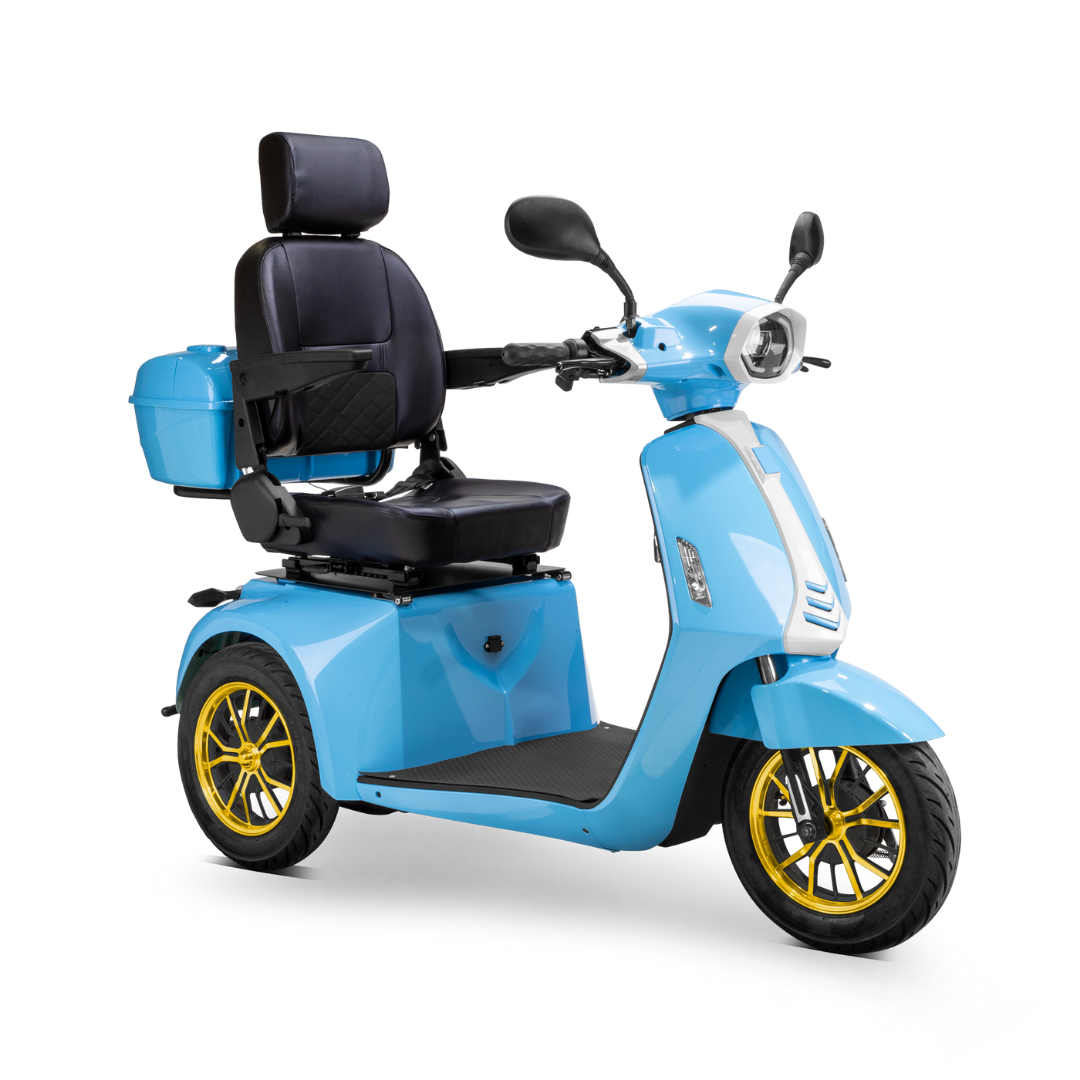 The Bespoke Elite Recreational 3-Wheel Scooter with Electric Brake Assist is shown at an angle on a white background in light blue, featuring a 600-watt motor, cushioned seat, armrests, backrest, rear storage box, and gold-colored wheels for tall riders.