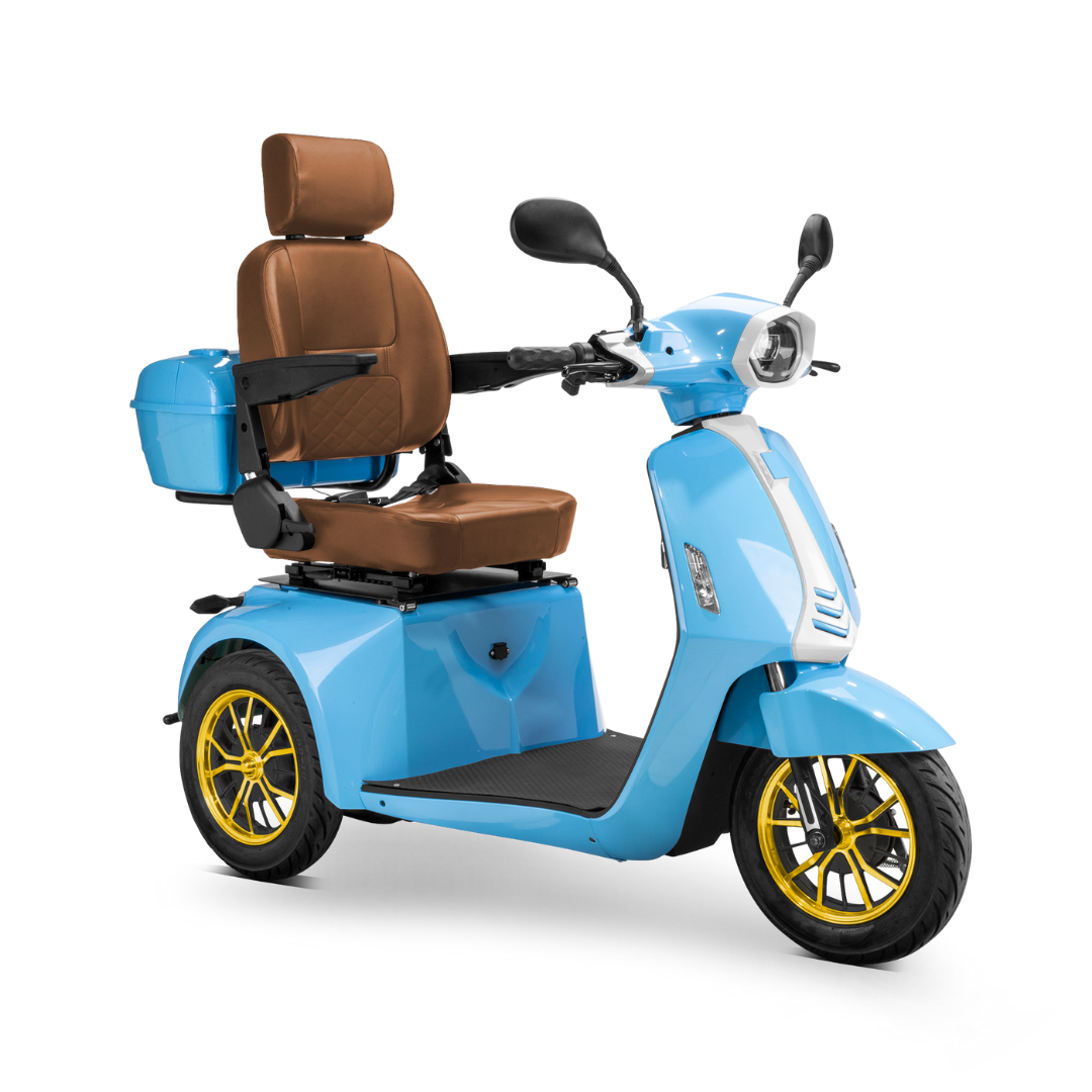 The Bespoke Elite Recreational 3-Wheel Scooter with Electric Brake Assist features a light blue body, comfy brown seat with armrests, rear storage box, mirrors, yellow-rimmed wheels, digital speedometer, and extra stability for tall riders.