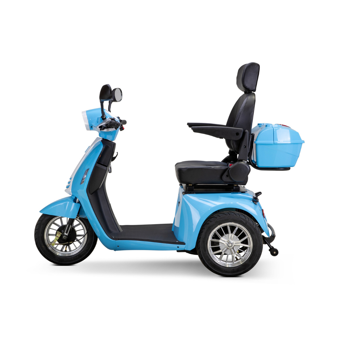 The Bespoke Elite Recreational 3-Wheel Scooter with Electric Brake Assist, shown side-on against a white background, features a blue frame, 600W motor, black seat with backrest and armrests, mirrors, and rear storage—ideal for tall riders.
