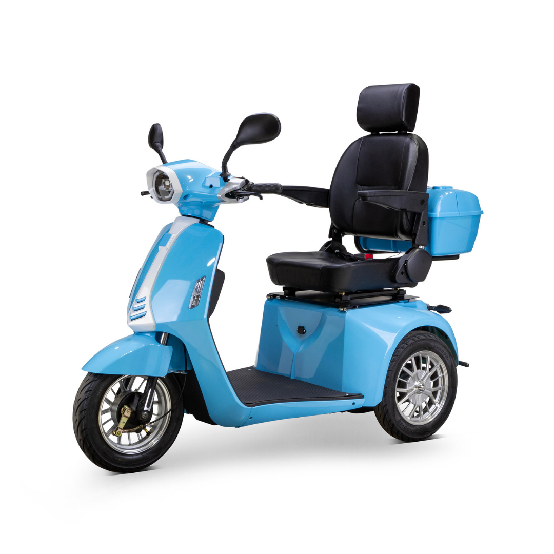 The Bespoke Elite Recreational 3-Wheel Scooter with Electric Brake Assist, shown in blue with digital speedometer, padded seat, backrest, armrests, mirrors, and rear storage box—ideal for tall riders—on a white background.