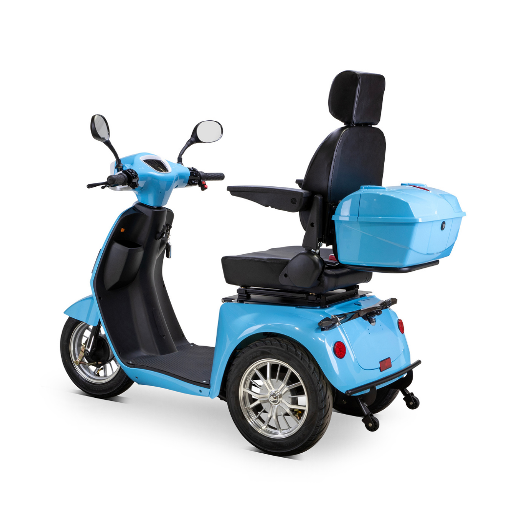 The Bespoke Elite Recreational 3-Wheel Scooter with Electric Brake Assist features a bright blue finish, high-back seat with armrests, rear storage box, digital speedometer, mirrors, and suits tall riders; shown from the rear on a white background.