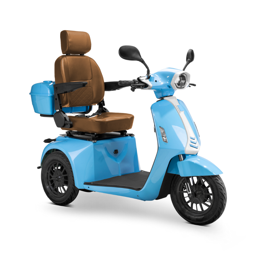 The Bespoke Elite Recreational 3-Wheel Scooter features a blue frame, cushioned brown seat with armrests and backrest, a rear storage box, handlebars with rearview mirrors, and a digital speedometer plus electric brake assist.