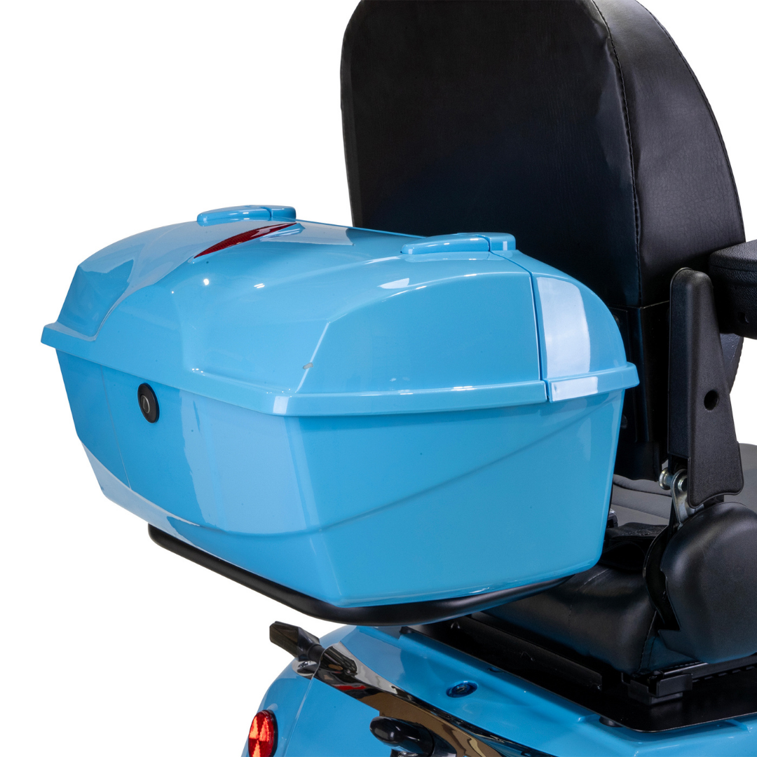 A close-up of a blue storage box mounted on the back of a black seat, attached to the Bespoke Elite Recreational 3-Wheel Scooter with Electric Brake Assist.