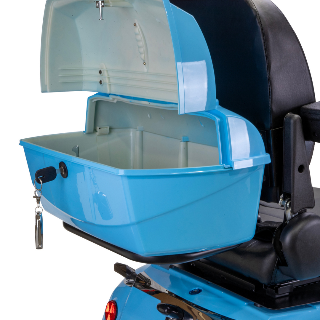 The Bespoke Elite Recreational 3-Wheel Scooter with Electric Brake Assist features a lockable blue storage box at the back, open to reveal its spacious, empty interior—perfect for tall riders needing extra storage on their commute.