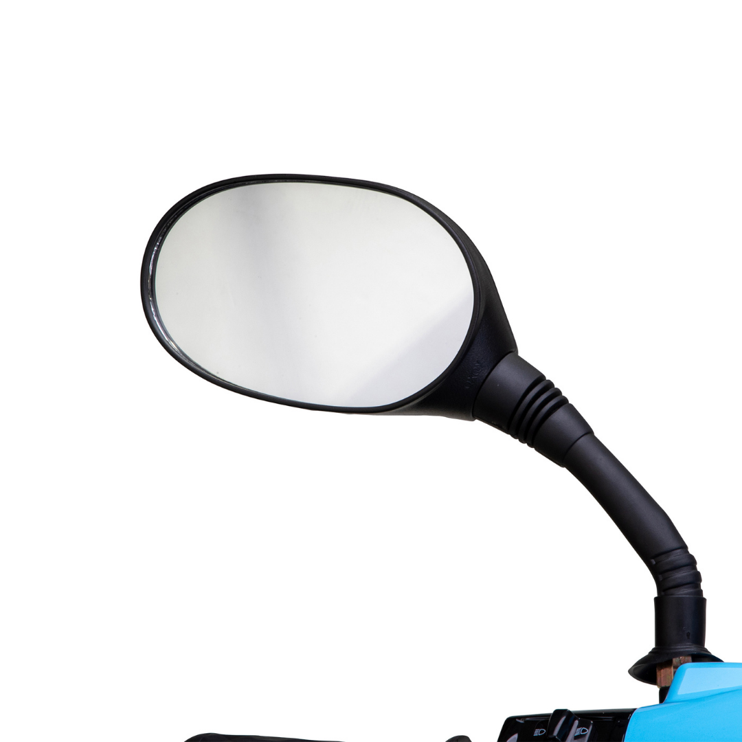 A close-up of a black side mirror on the handlebar of the Bespoke Elite Recreational 3-Wheel Scooter with Electric Brake Assist, blue in color and featuring a digital speedometer, isolated on a white background.