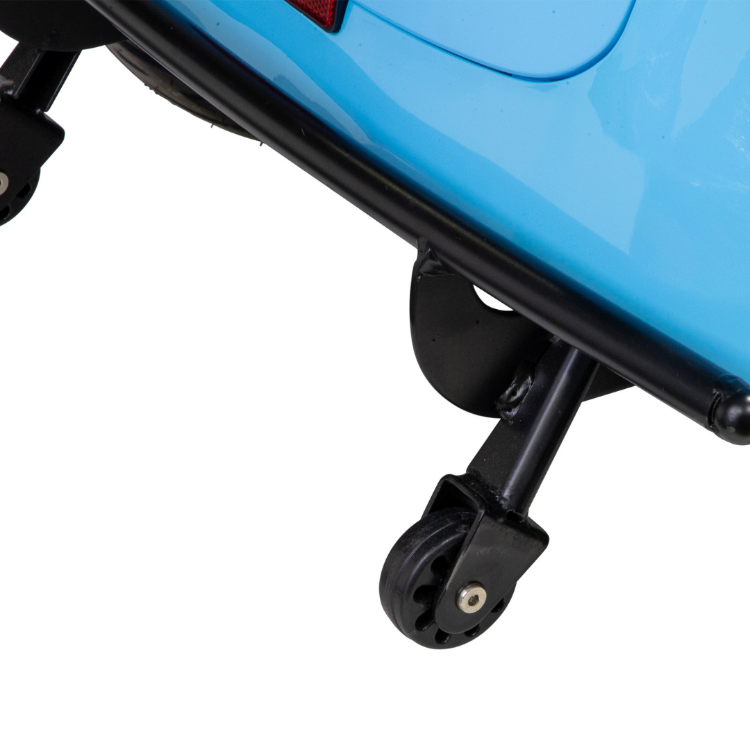 Close-up of a black plastic caster wheel attached to the underside of the Bespoke Elite Recreational 3-Wheel Scooter with Electric Brake Assist, designed for tall riders, with a blue body and part of a red reflector visible.