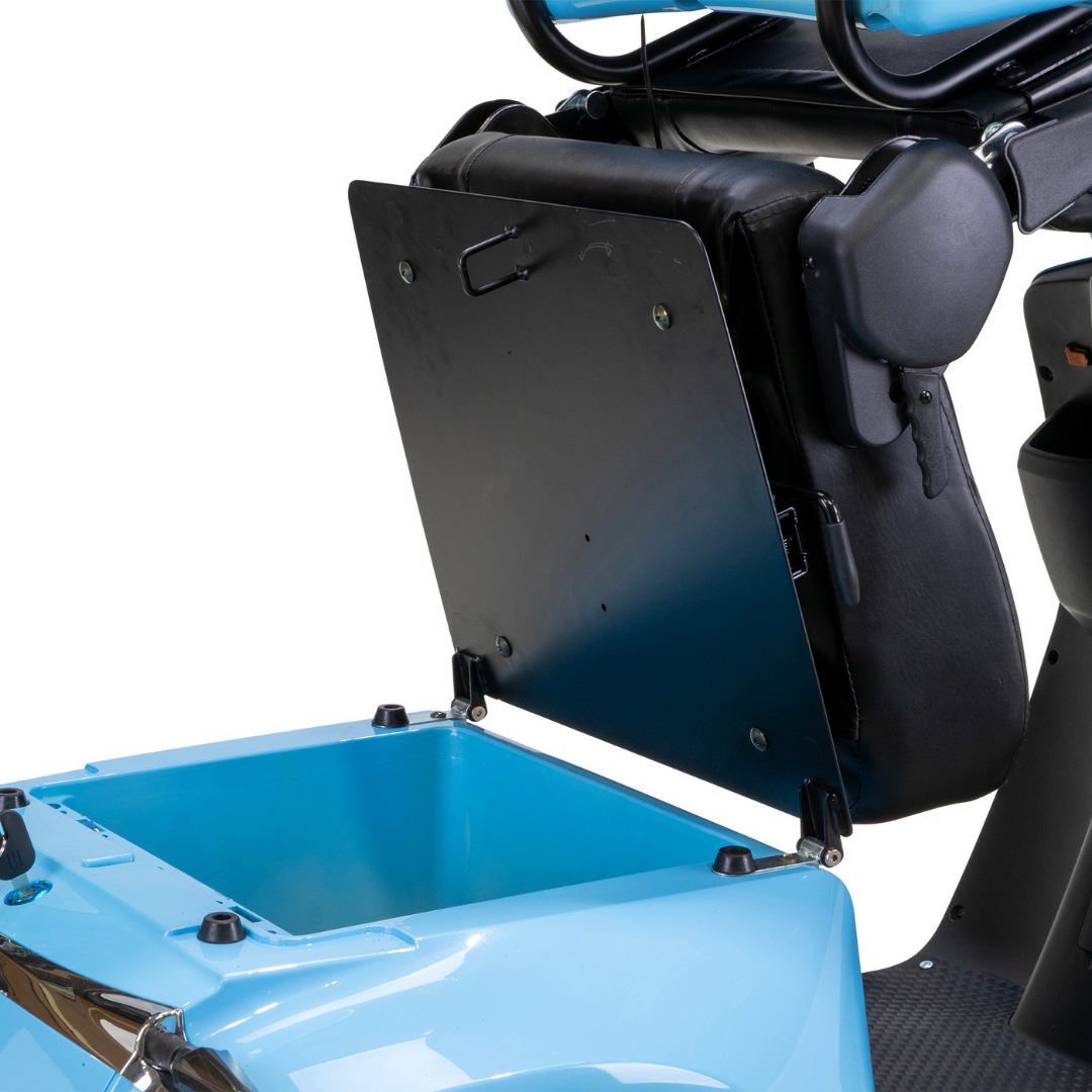 A close-up of the Bespoke Elite Recreational 3-Wheel Scooter with Electric Brake Assist, showing its blue frame and lifted seat that reveals an open storage compartment. The black seat is designed for tall riders, all set against a white background.