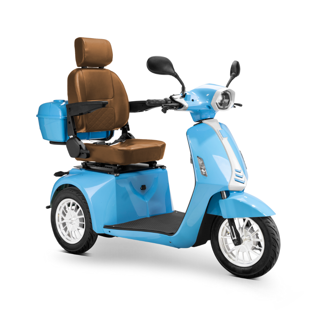 The Bespoke Elite Recreational 3-Wheel Scooter with Electric Brake Assist features a light blue body, 600W motor, brown cushioned seat with backrest and armrests, rear storage box, white wheels, and is designed for comfort and tall rider accessibility.