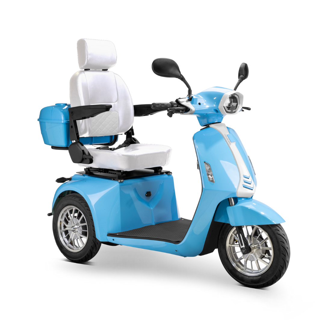 The Bespoke Elite Recreational 3-Wheel Scooter with Electric Brake Assist, in light blue, features a 600W motor, cushioned white seat with backrest and armrests, rear storage box, side mirrors, and headlight—ideal for tall riders—pictured on a white background.