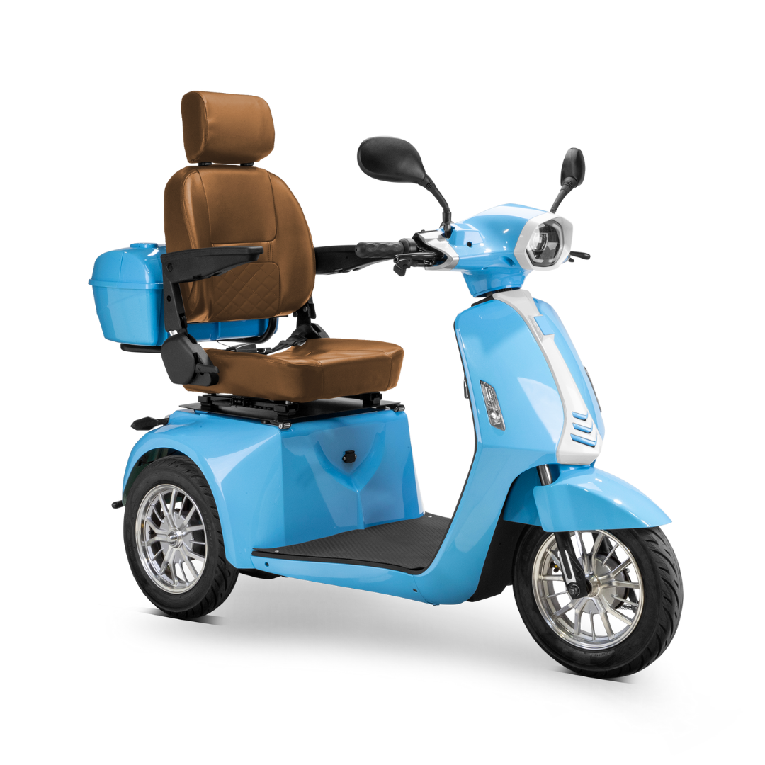 The Bespoke Elite Recreational 3-Wheel Scooter with Electric Brake Assist features a light blue frame, 600-watt motor, large wheels, brown cushioned seat and backrest, rearview mirrors, digital speedometer, and rear storage—great for tall riders.