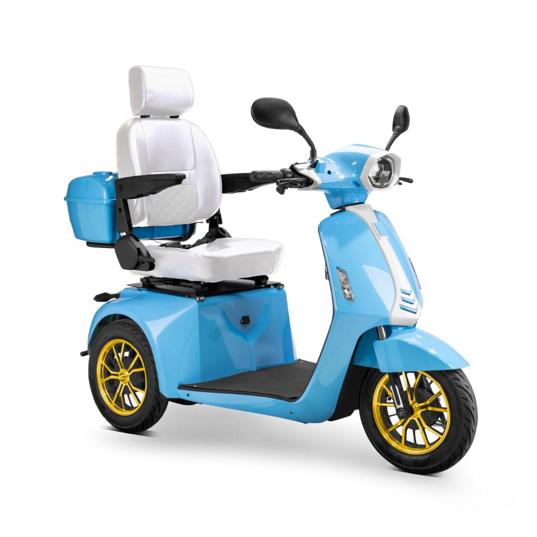 The Bespoke Elite Recreational 3-Wheel Scooter features a light blue body, 600W motor, yellow-rimmed wheels, white cushioned seat with headrest, rearview mirrors, electric brake assist, and a blue rear storage box.