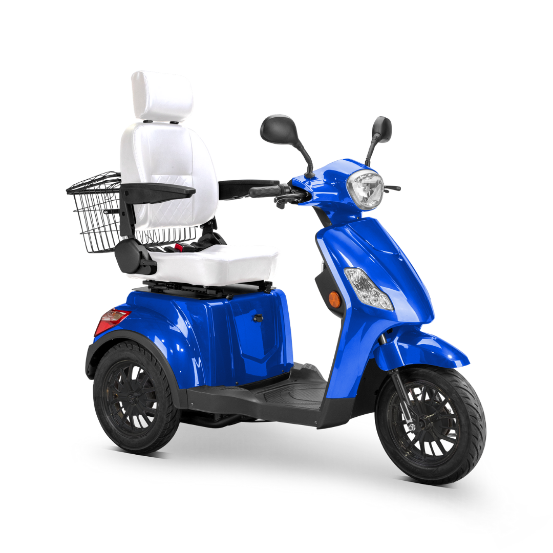 The Bespoke Legacy Recreational 3-Wheel Scooter is blue with a white cushioned seat, headrest, backrest, and armrests. It has a 600W motor, 15 mph top speed, and a rear-mounted metal storage basket.