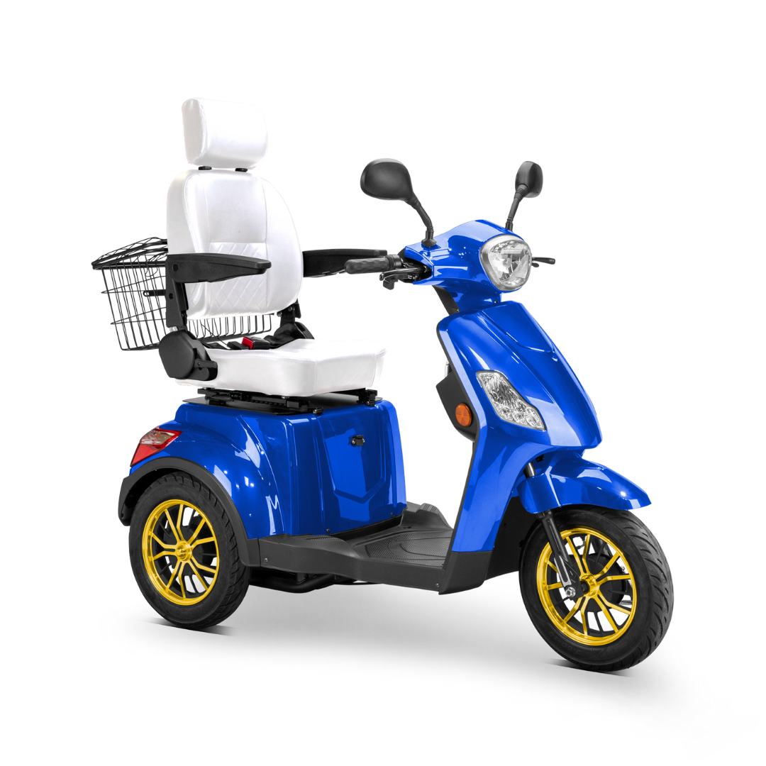 The Bespoke Legacy Recreational 3-Wheel Scooter is a blue mobility scooter with a 600-watt motor, high white cushioned seat with armrests and headrest, rear metal basket, and yellow-accented wheels—designed for comfort and enhanced mobility.