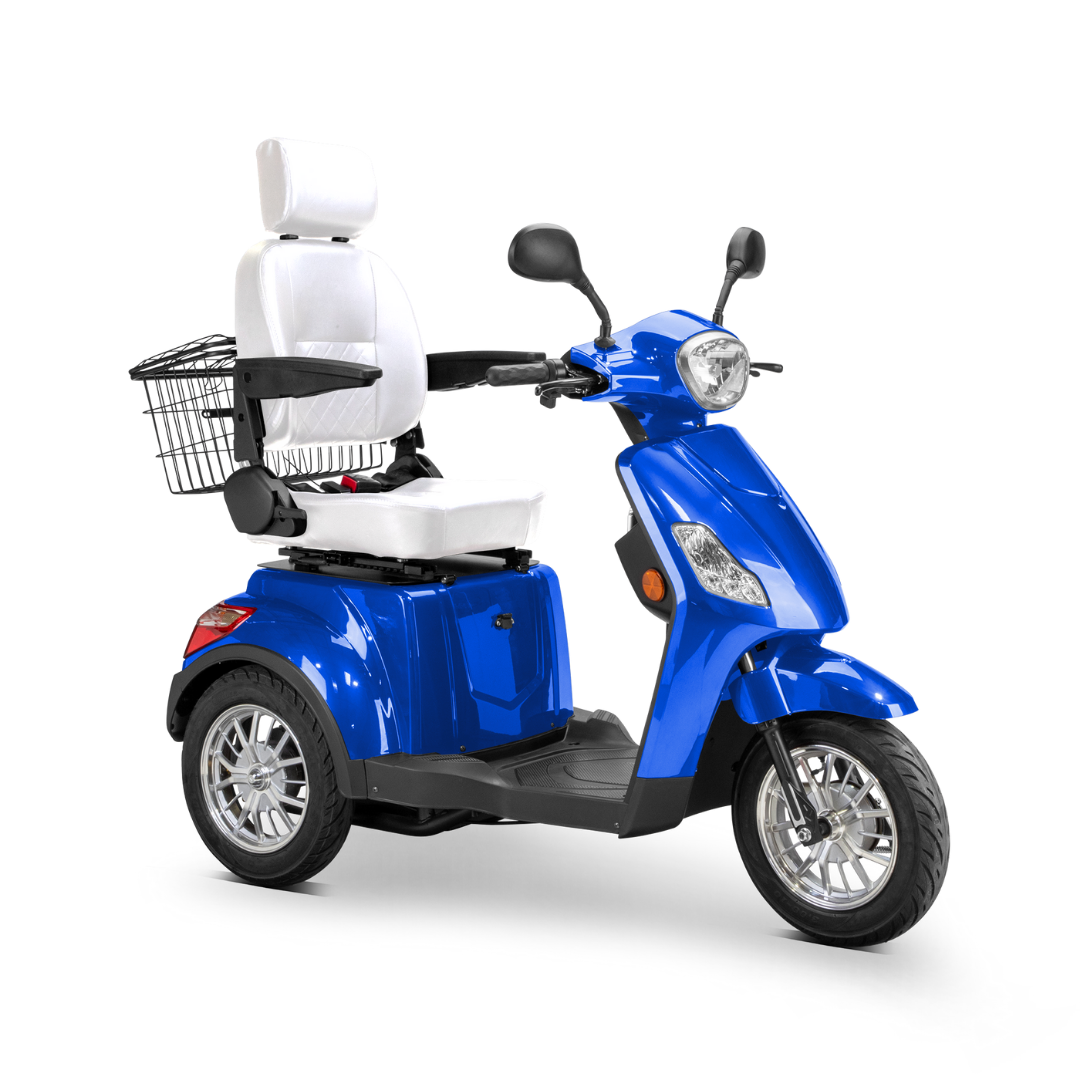 The Bespoke Legacy Recreational 3-Wheel Scooter features a blue design, 600-watt motor, white cushioned seat with headrest and armrests, rear metal basket, and electric lighting—ideal for personal transportation.