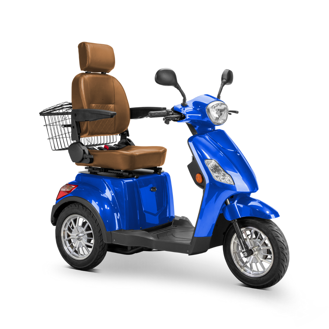 The Bespoke Legacy Recreational 3-Wheel Scooter features a bright blue finish, 600-watt motor, three wheels, brown cushioned seat with headrest and armrests, rear metal basket, and electric lighting system for comfort and accessibility.