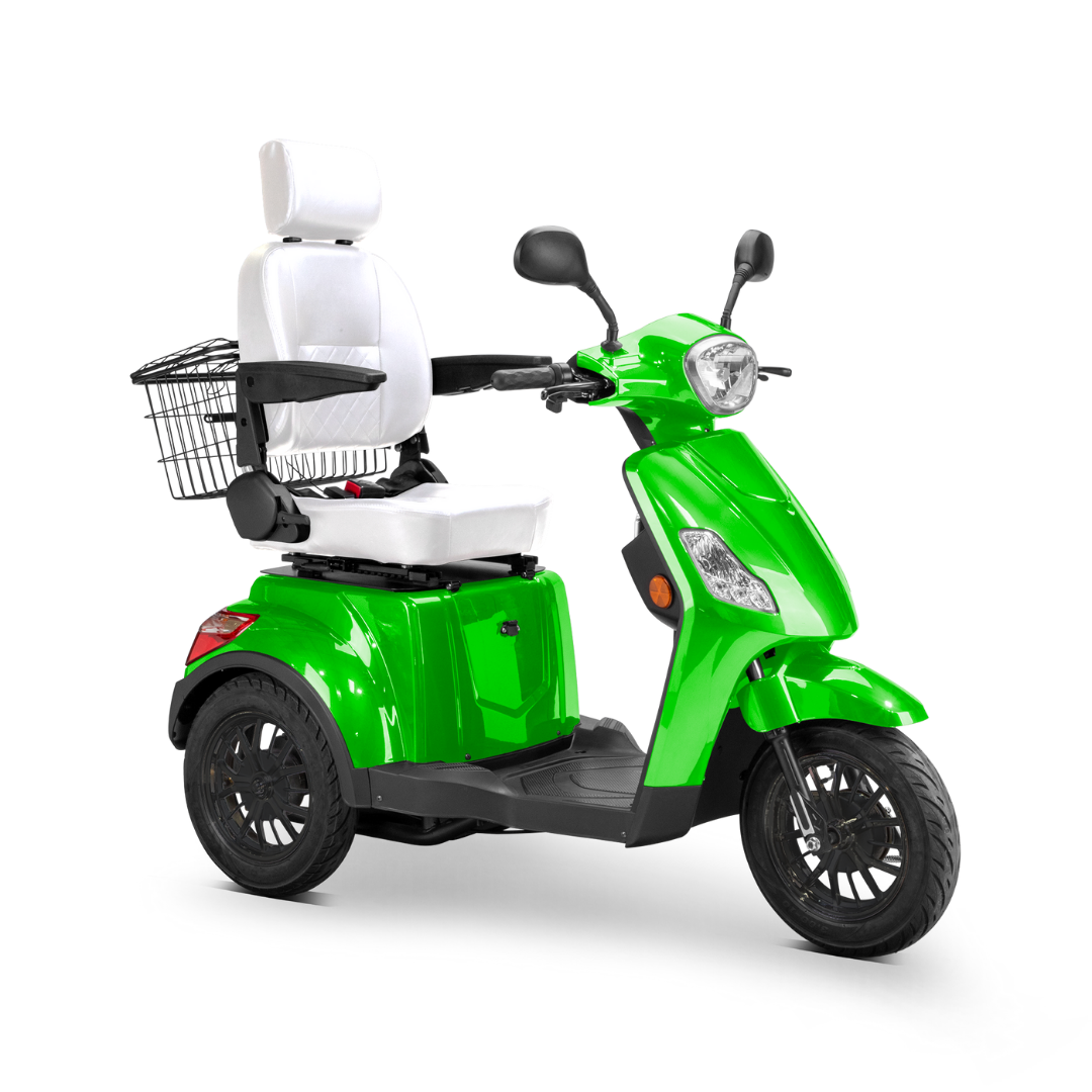 The Bespoke Legacy Recreational 3-Wheel Scooter is bright green with a white cushioned seat, headrest, armrests, handlebars, rear metal basket, and a powerful 600-watt motor. Shown on a plain white background.