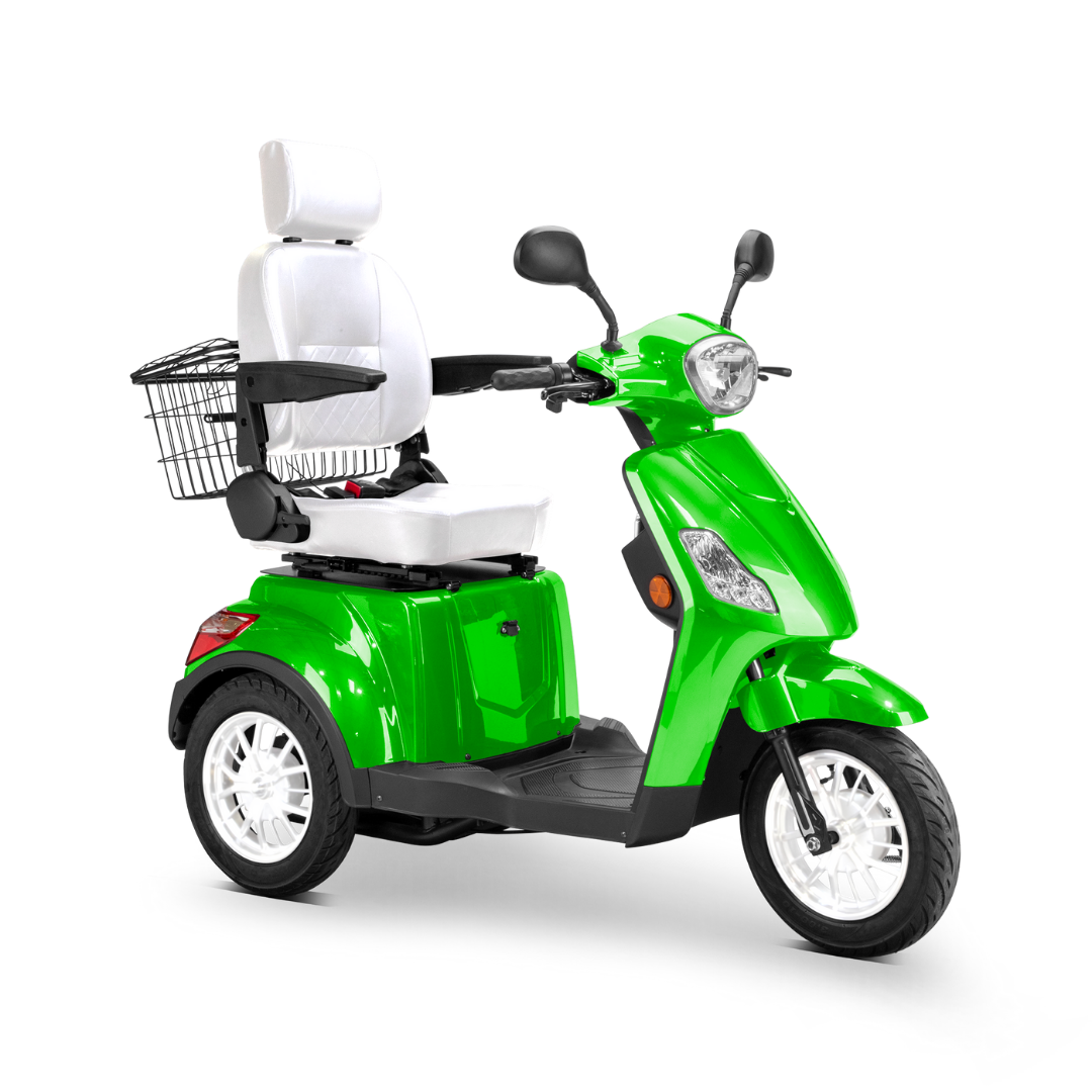 A bright green Bespoke Legacy Recreational 3-Wheel Scooter with a 600-watt motor, electric lights, white cushioned seat with backrest and armrests, plus a rear metal basket—all displayed against a plain white background.