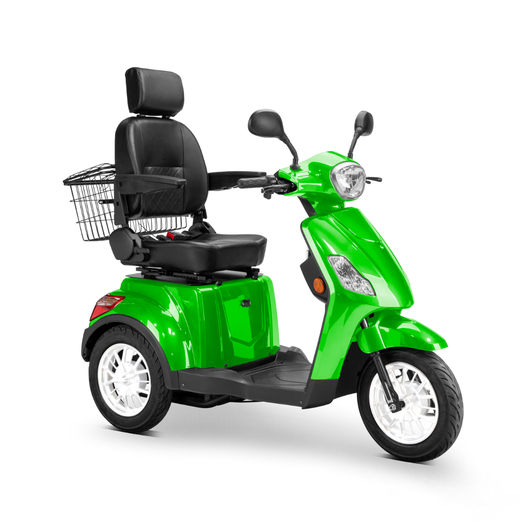 The Bespoke Legacy Recreational 3-Wheel Scooter is a bright green scooter with a large padded seat, headrest, armrests, rear metal basket, and a powerful 600-watt motor for comfortable personal transportation.