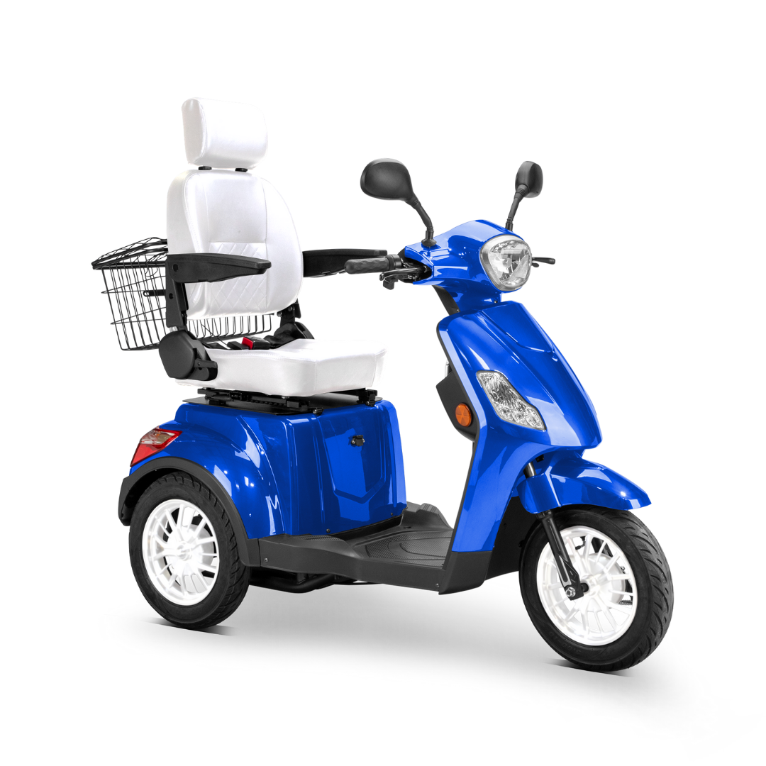 The Bespoke Legacy Recreational 3-Wheel Scooter features a blue design, white cushioned seat with headrest, armrests, handlebars, rear wire basket, and a powerful 600-watt motor for smooth rides.