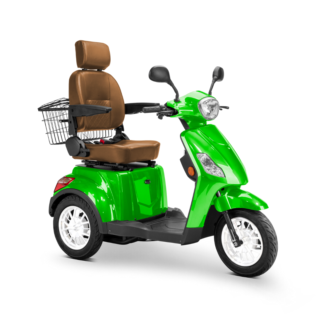 The Bespoke Legacy Recreational 3-Wheel Scooter features a bright green finish, brown cushioned seat with backrest and armrests, front electric lighting, and a metal basket mounted at the rear.