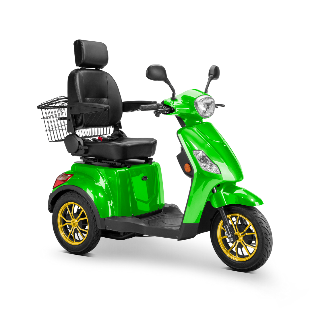 The Bespoke Legacy Recreational 3-Wheel Scooter is a bright green mobility scooter with a 600-watt motor, black cushioned seat, headrest, armrests, front headlight, and rear metal basket—built for comfortable personal transport.