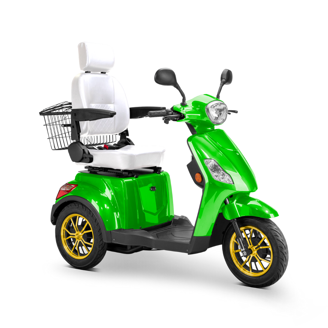 The Bespoke Legacy Recreational 3-Wheel Scooter features a bright green frame, gold-trimmed wheels, 600-watt motor, cushioned white seat with headrest and backrest, black handlebars, electric lighting system, and a rear black wire basket.
