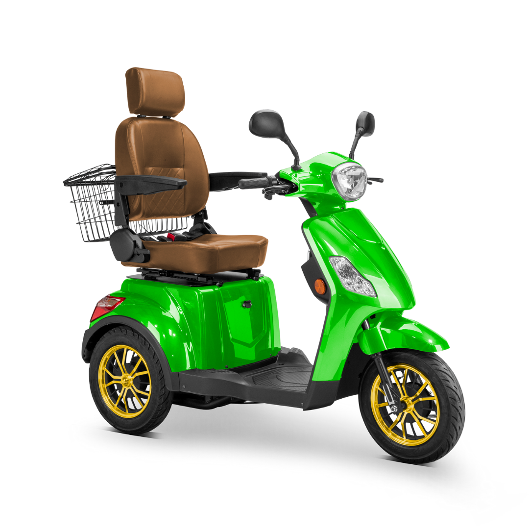 The Bespoke Legacy Recreational 3-Wheel Scooter features a bright green frame, 600-watt motor, brown cushioned seat with headrest and armrests, rear metal basket, gold-colored rims, and electric lighting—ideal for mobility assistance.