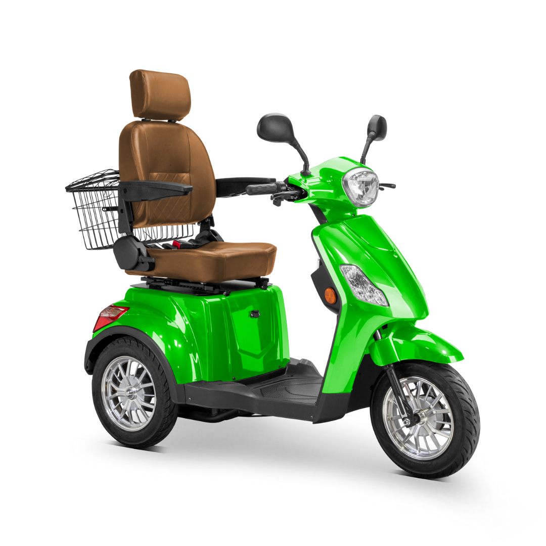 The Bespoke Legacy Recreational 3-Wheel Scooter features a bright green design, 600-watt motor, brown cushioned seat with headrest and armrests, three wheels, and a rear wire basket.