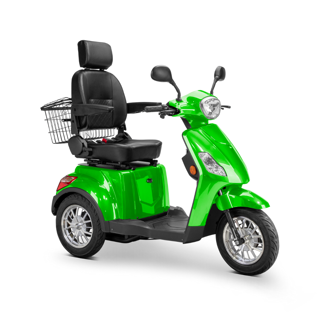 The Bespoke Legacy Recreational 3-Wheel Scooter features a bright green design, black cushioned seat with headrest and armrests, front and rear lights, rear metal basket, and a 600W motor reaching speeds up to 15 mph.