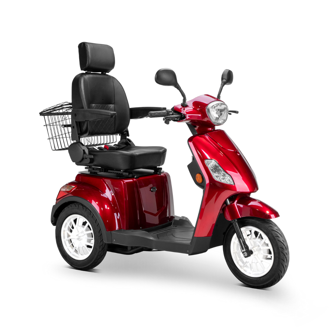 The Bespoke Legacy Recreational 3-Wheel Scooter, in shiny red with a 600-watt motor, large black cushioned seat, armrests, headrest, and rear wire basket is displayed on a white background.