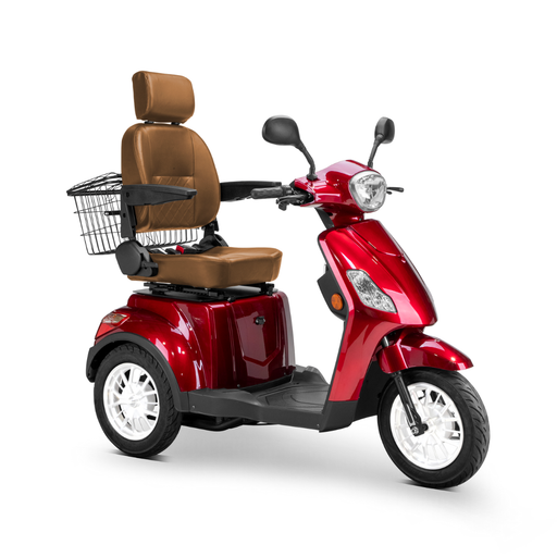 The Bespoke Legacy Recreational 3-Wheel Scooter, featuring a red frame, high-backed brown seat with armrests, rear wire basket, and a powerful 600-watt motor, is displayed on a white background.