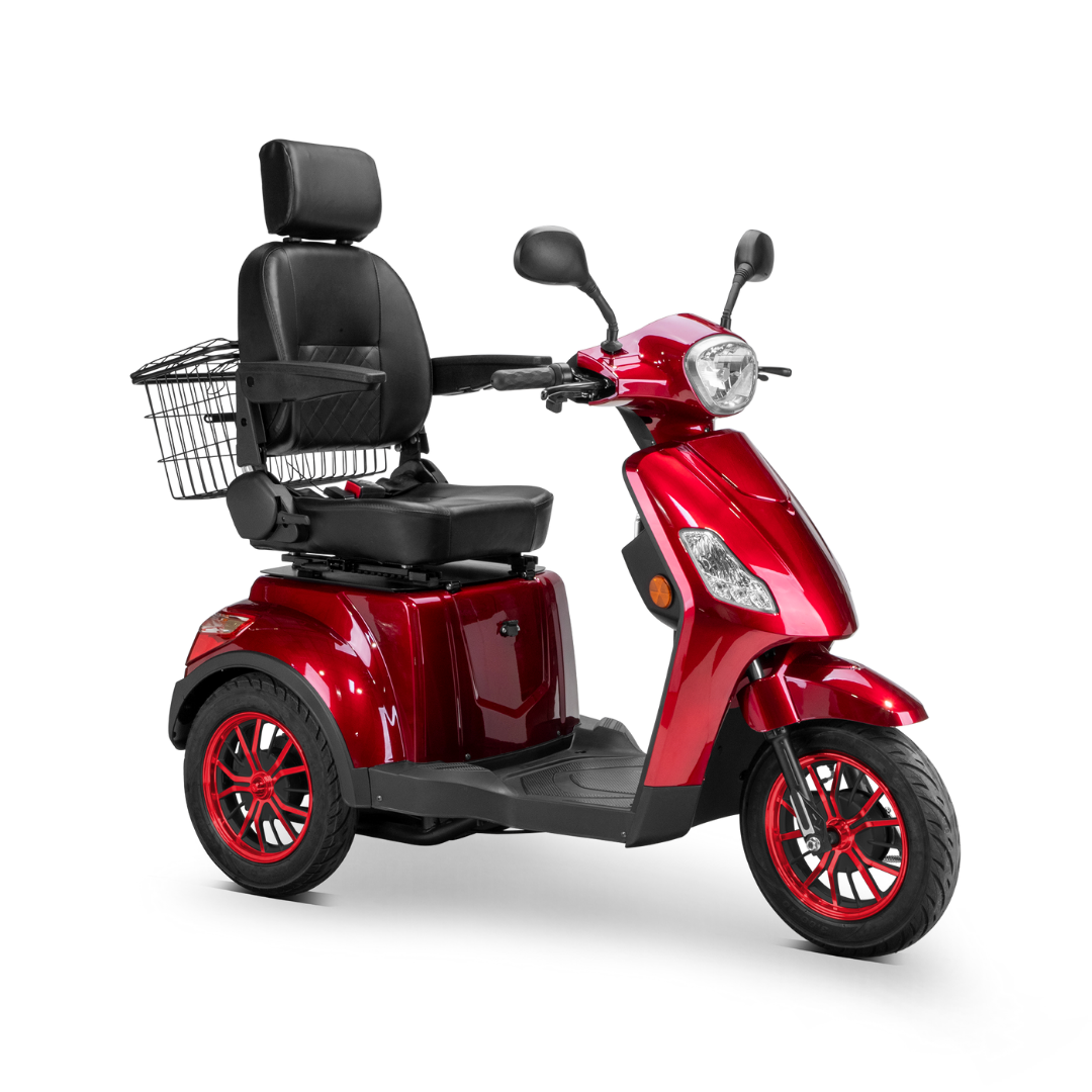 The Bespoke Legacy Recreational 3-Wheel Scooter is a red mobility scooter with a black cushioned seat, armrests, headrest, handlebars, rear metal basket, and a powerful 600-watt motor for personal transportation.