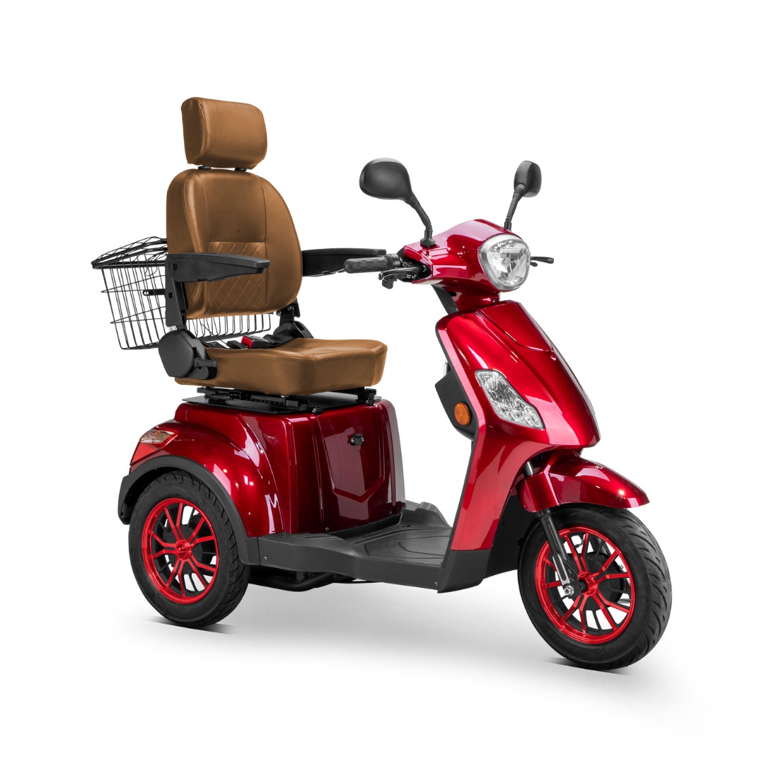 The Bespoke Legacy Recreational 3-Wheel Scooter is a red mobility scooter with a brown cushioned seat, armrests, headrest, rear wire basket, and a strong 600-watt motor for comfortable personal transportation.