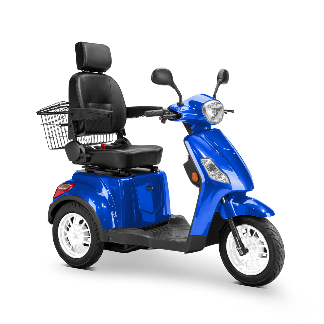 The Bespoke Legacy Recreational 3-Wheel Scooter is a blue mobility scooter featuring a 600-watt motor, black cushioned seat, backrest, armrests, and rear wire basket, offering comfortable personal transport at speeds up to 15 mph.