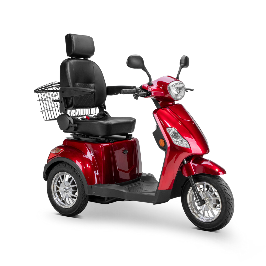 A Bespoke Legacy Recreational 3-Wheel Scooter in red, featuring a 600-watt motor, black cushioned seat with headrest and armrests, plus a rear metal basket, is shown on a white background.