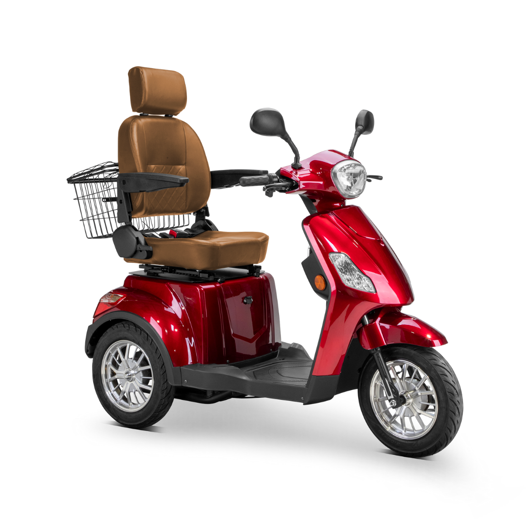 The Bespoke Legacy Recreational 3-Wheel Scooter boasts a 600-watt motor, red frame, brown cushioned seat with high backrest, armrests, handlebars, mirrors, front headlight, and rear wire basket.