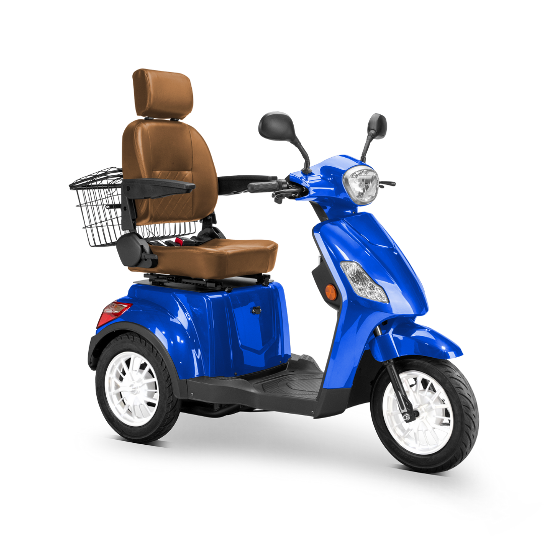 The Bespoke Legacy Recreational 3-Wheel Scooter is blue, features a high brown cushioned seat with armrests, handlebars, and a rear wire basket, designed for comfortable personal transport.