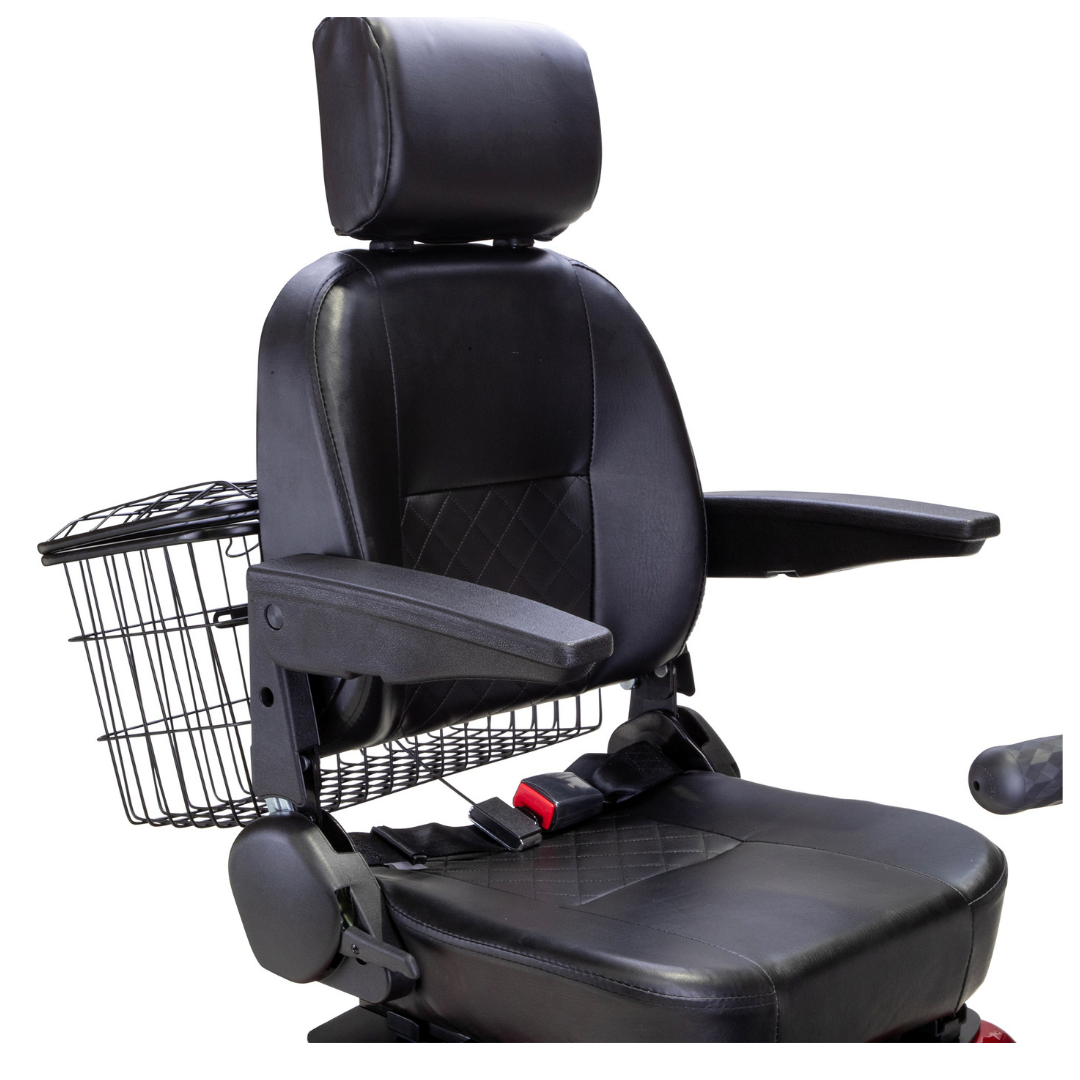 The Bespoke Legacy Recreational 3-Wheel Scooter features a black seat with armrests, headrest, safety belt, and rear wire basket. Powered by a 600-watt motor, it delivers comfort and reaches speeds up to 15 mph. Shown on a plain white background.