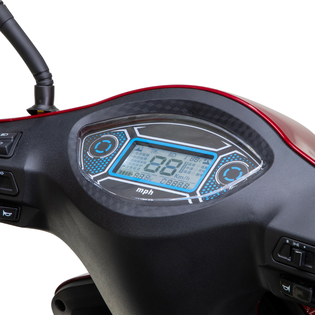 Close-up of a Bespoke Legacy Recreational 3-Wheel Scooter’s digital dashboard showing speed, battery level, and indicators, with control buttons on each side and a sleek black body with red trim accenting its powerful 600W motor.