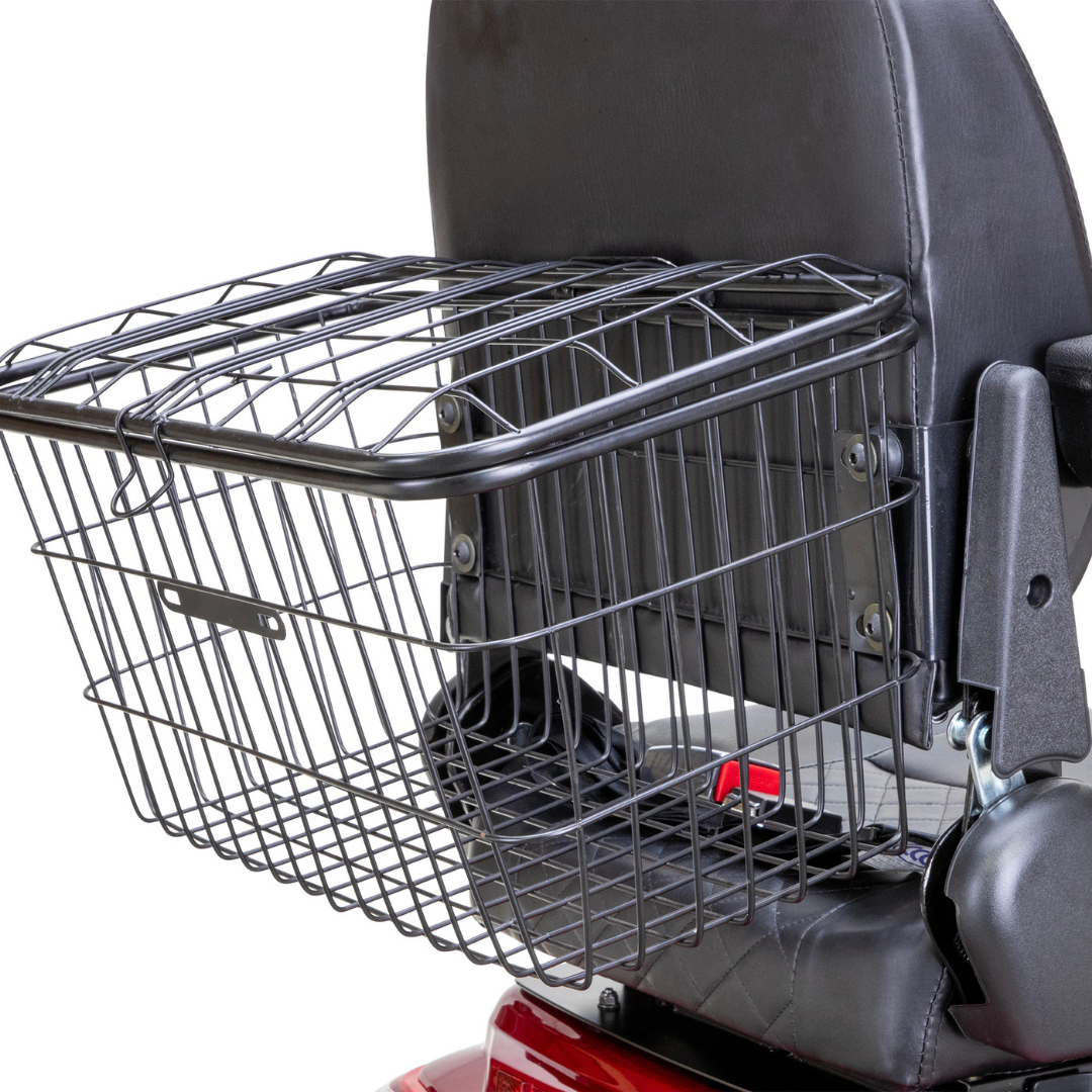 A wire basket attached to the back of the Bespoke Legacy Recreational 3-Wheel Scooter seat lets you carry personal items or shopping, adding convenience to every ride at speeds up to 15 mph.
