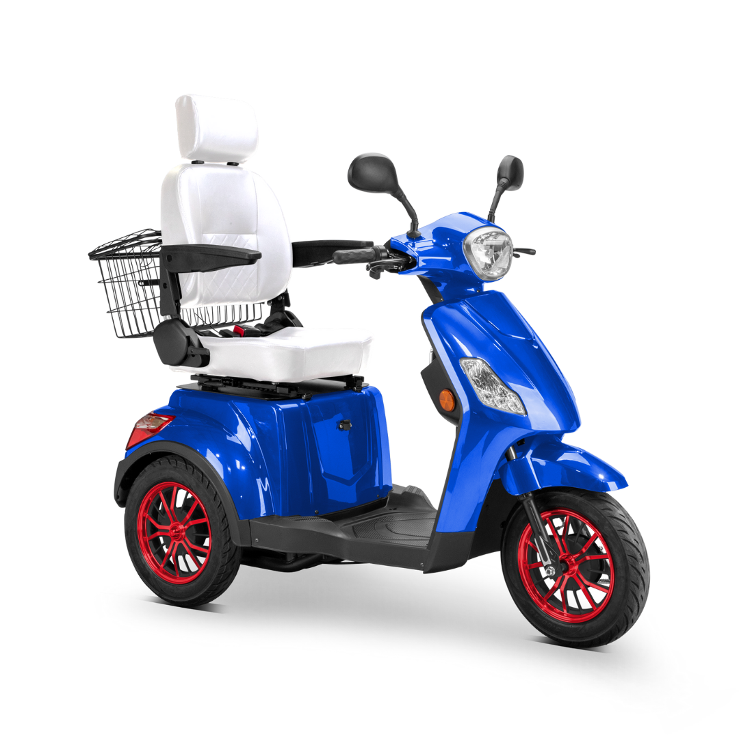 The Bespoke Legacy Recreational 3-Wheel Scooter features bright blue design, white padded seat and headrest, armrests, red-rimmed wheels, front headlight, rear black wire basket, and a powerful 600W motor for smooth rides.