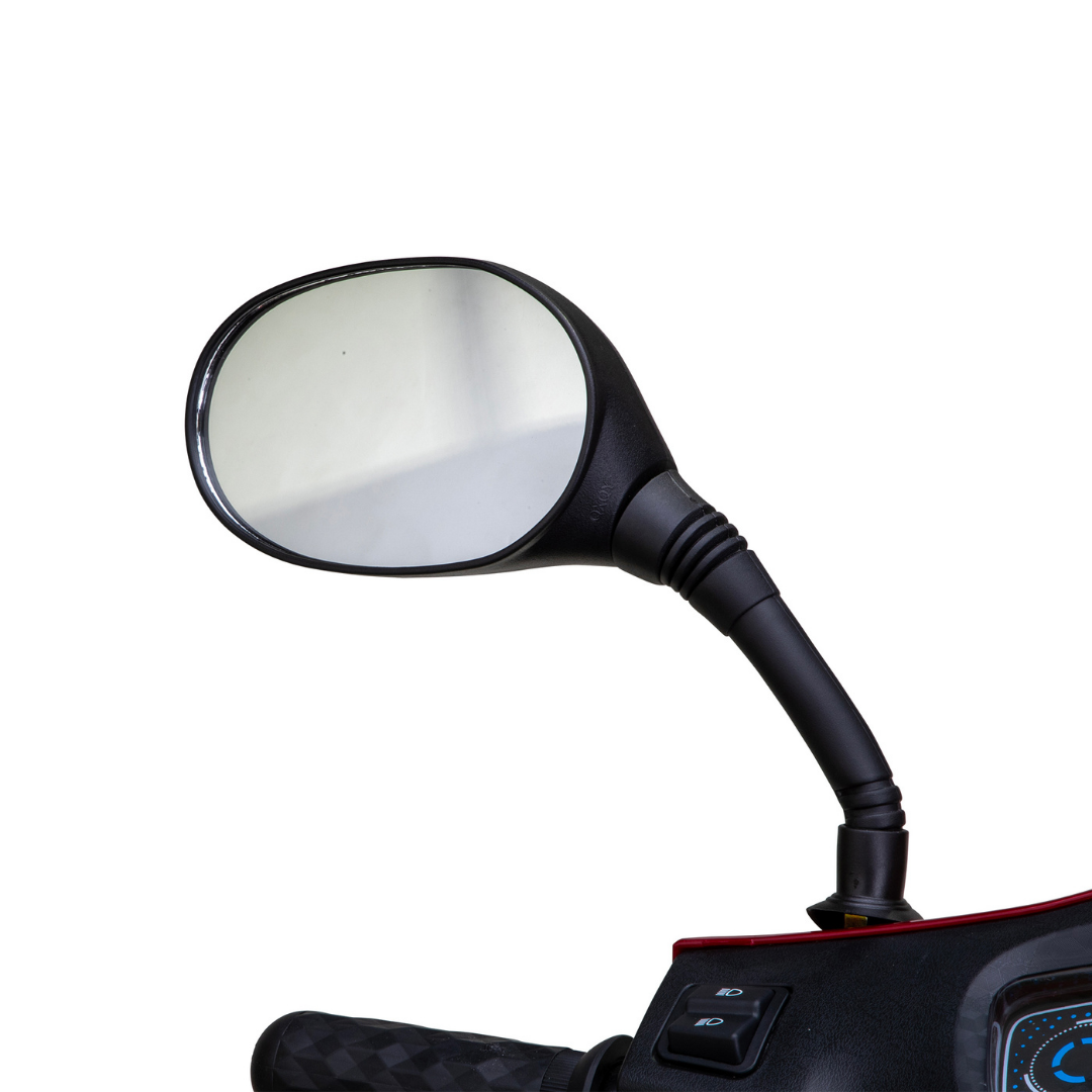 Close-up of a Bespoke Legacy Recreational 3-Wheel Scooter’s black mirror and textured handlebar grip, showing two control buttons and part of the dashboard against a white background.