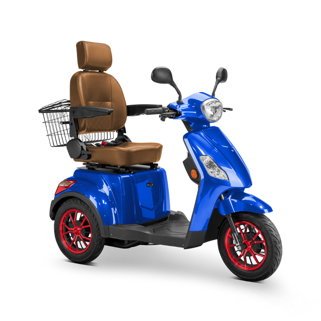 The Bespoke Legacy Recreational 3-Wheel Scooter is blue with a 600-watt motor, brown cushioned seat, headrest, armrests, red-rimmed wheels, and rear wire basket. Shown on a white background.