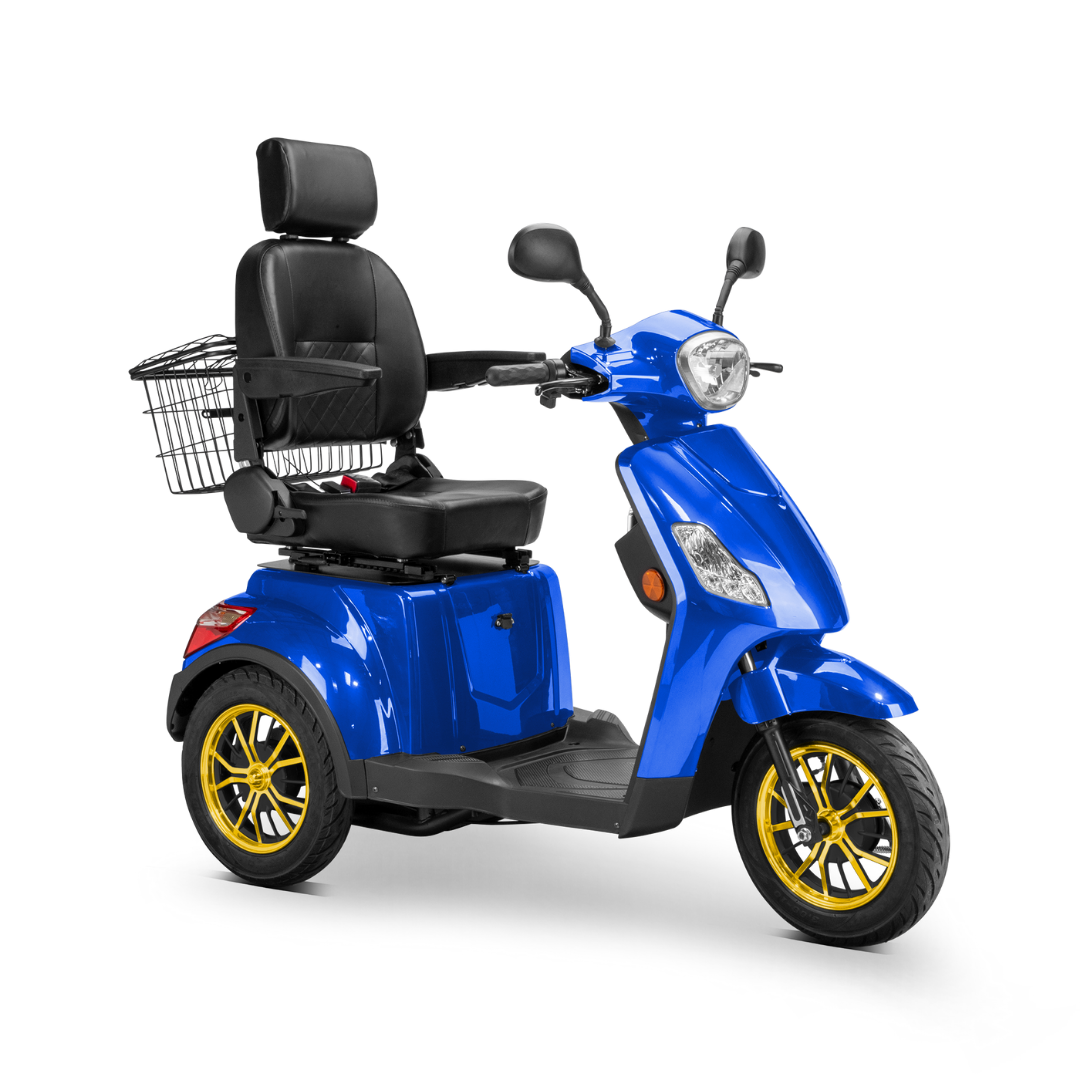 The Bespoke Legacy Recreational 3-Wheel Scooter is a blue scooter with a padded seat, backrest, armrests, handlebar mirrors, rear basket, and electric lighting for safe and comfortable personal transportation.