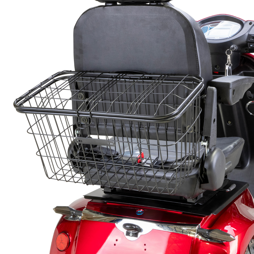 A close-up of the black metal basket mounted behind the seat of the Bespoke Platinum Recreational 4-Wheel Scooter with Electric Brake Assist, showing its open lid and spacious interior.
