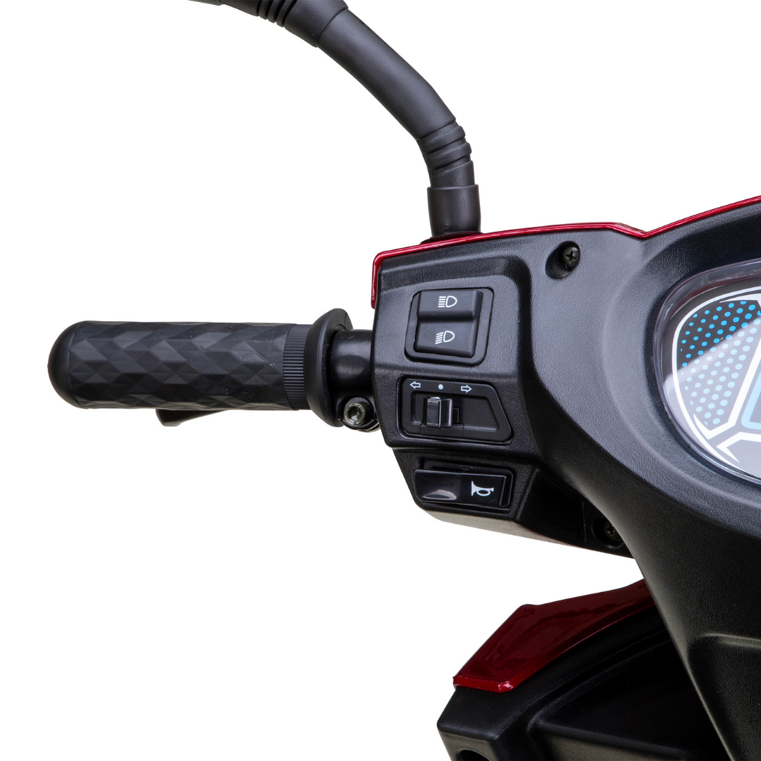 Close-up of the Bespoke Platinum Recreational 4-Wheel Scooter handlebar showing the left grip, smart control buttons for headlights, turn signals, and horn, plus part of the speedometer on the right.