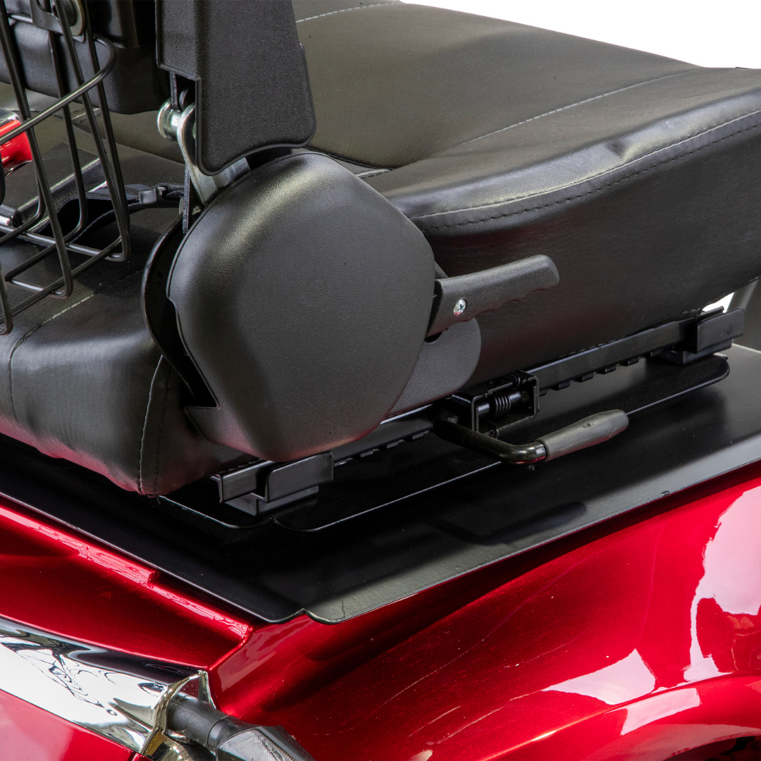 Close-up of the black leather seat on the Bespoke Platinum Recreational 4-Wheel Scooter with Electric Brake Assist, showing the armrest, adjustment lever, and part of the metal basket behind the seat.