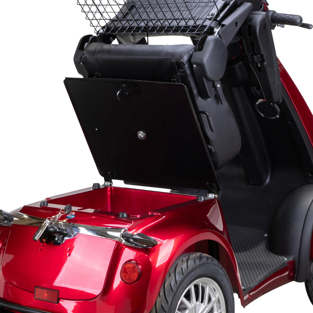 A close-up of the Bespoke Platinum Recreational 4-Wheel Scooter with Electric Brake Assist shows its open rear storage compartment, black seat, mesh basket, and textured footrest for added comfort.