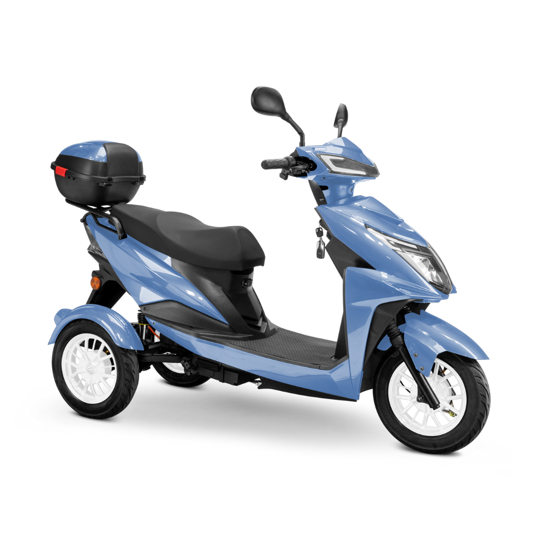 The Bespoke Regal Recreational 3-Wheel Scooter, in light blue with a 600W motor, black seat, rear storage box, side mirrors, and white-accented wheels, is displayed on a white background.
